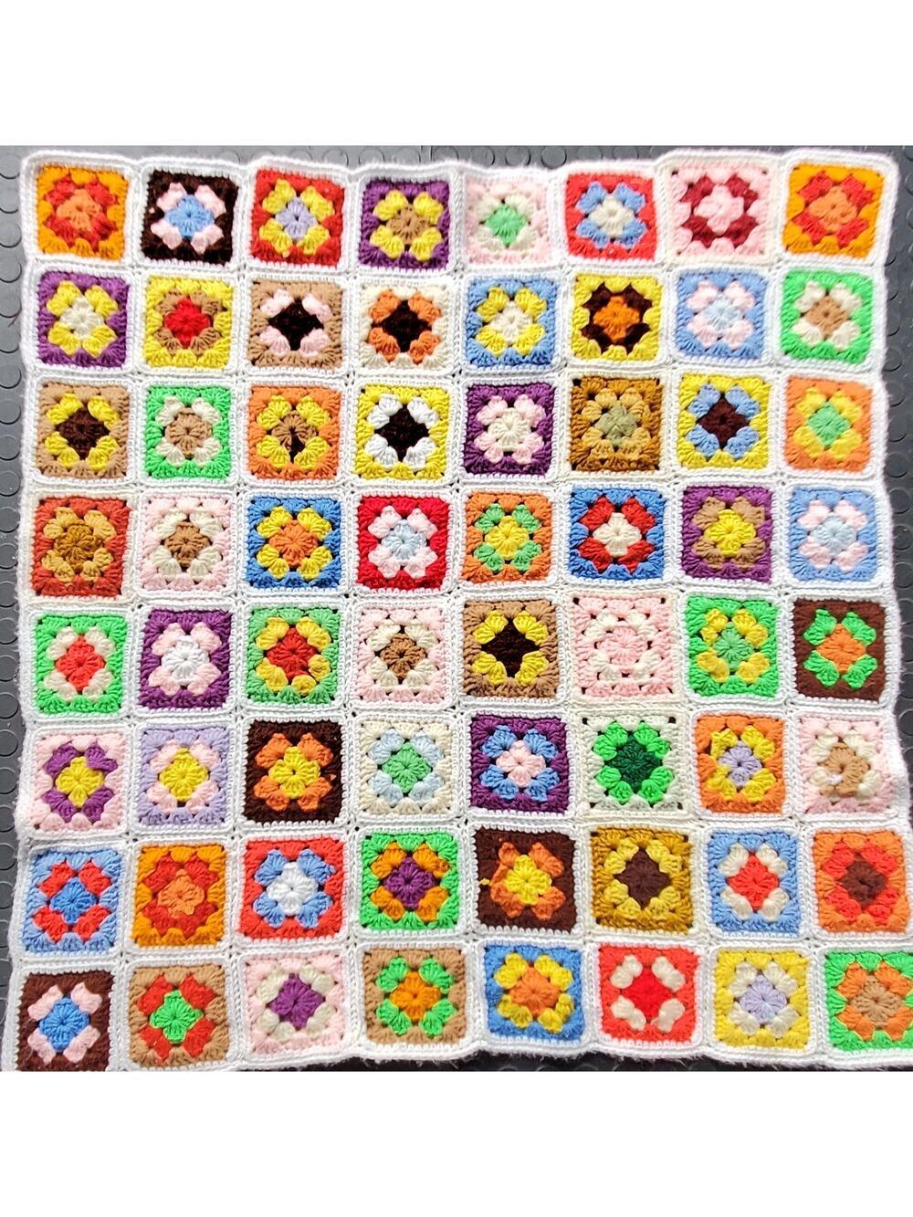 Hand Crochet Granny Square Blanket Afghan Throw 36” X 36 White Border 64 Squares